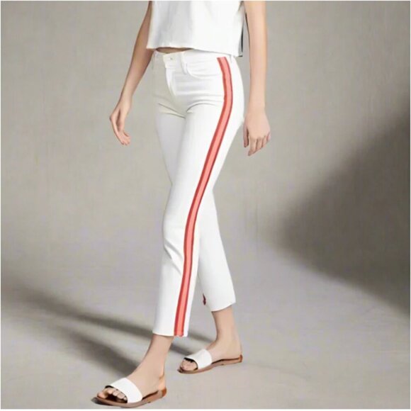 Mother Dazzler Racer Crop Jeans Womens 25 White Red Stripe Straight Crop Pant - Picture 1 of 5